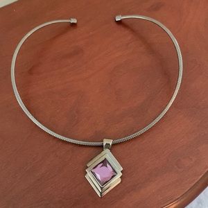 Lia Sophia gun metal and purple stone necklace, medallion is removable